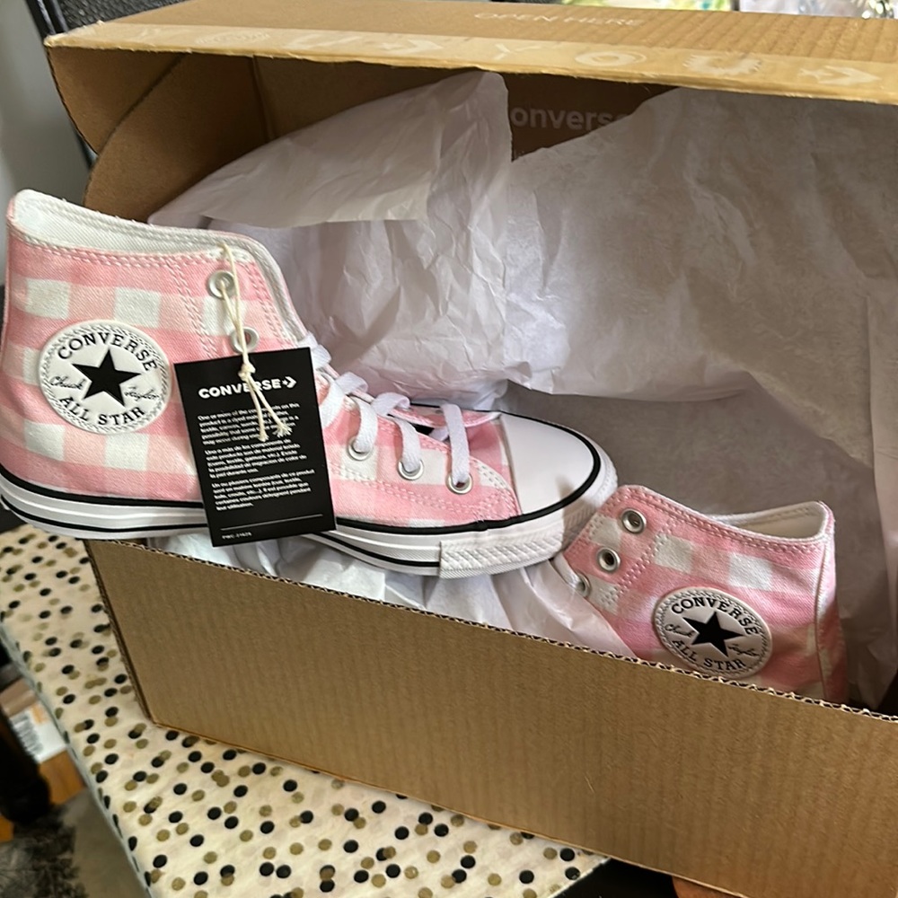Pink and white converse size 8